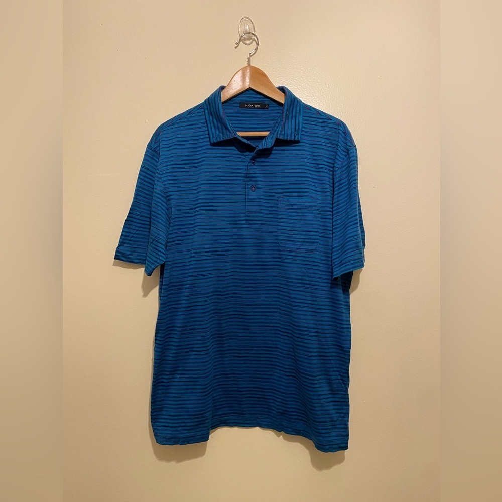 Bugatchi Men's Navy Striped Polo Shirt. Size L